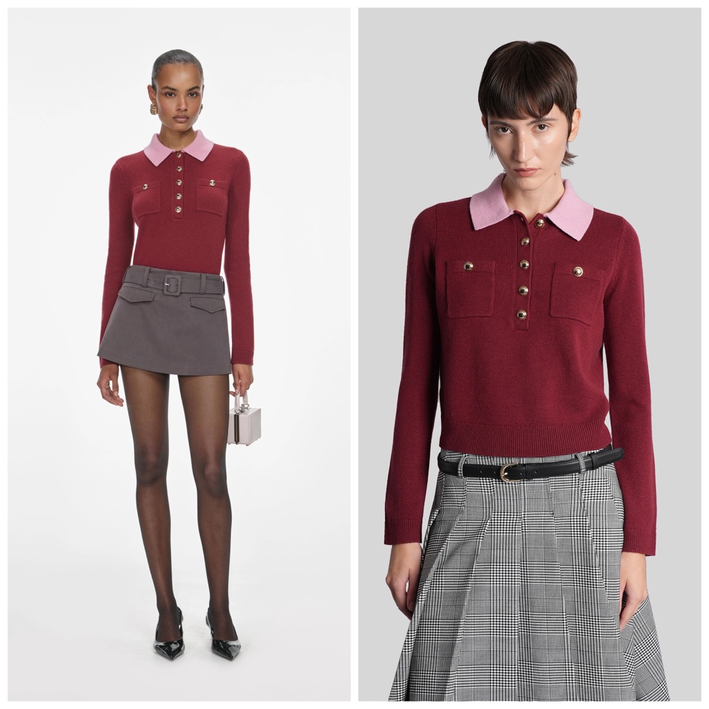Self Portrait Burgundy Pink Contrast Collar Knit Top Wool Cashmere Sweater Small